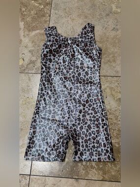 Girls Leopard Print One-Piece Bodysuit, Silver and Brown